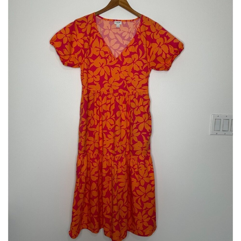 J Crew Tiered Puff Sleeve Midi Dress Pink Orange Floral Hawaiian‎ Size 6